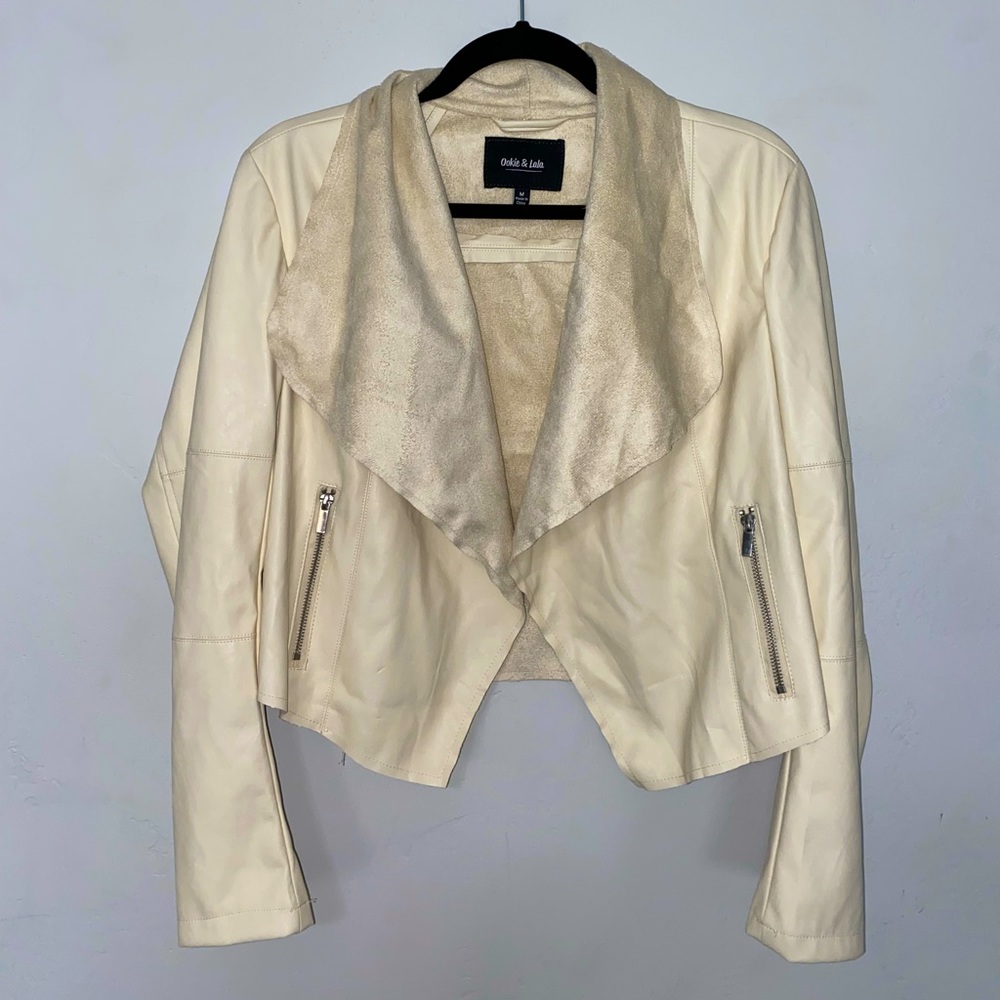 Leather coat, kinda cropped, zipper pockets, very soft inside, new